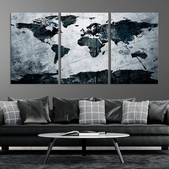 Dark Modern World Map Watercolor Wall Art Canvas Print