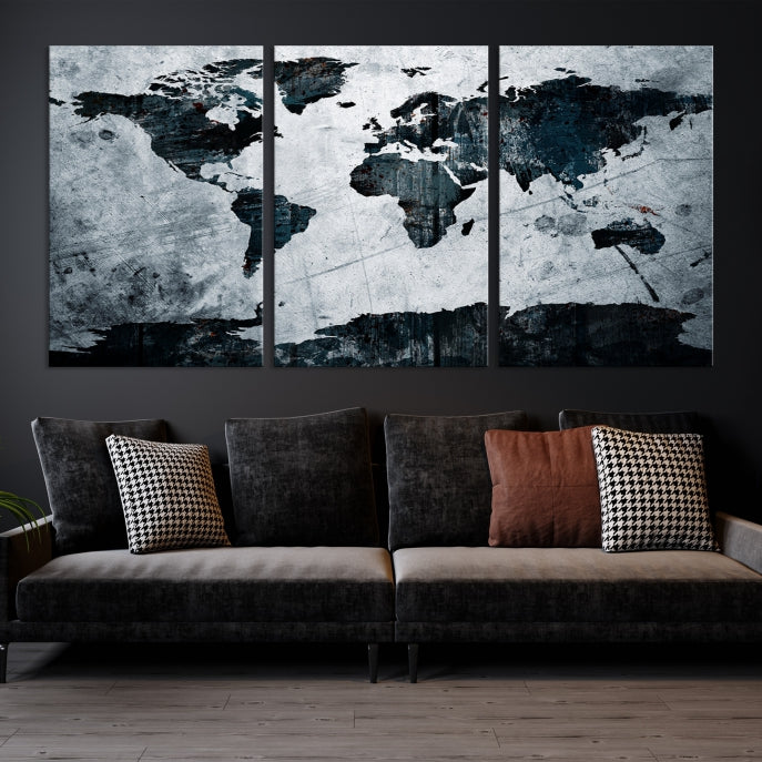 Dark Modern World Map Watercolor Wall Art Canvas Print