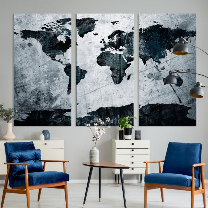 Dark Modern World Map Watercolor Wall Art Canvas Print