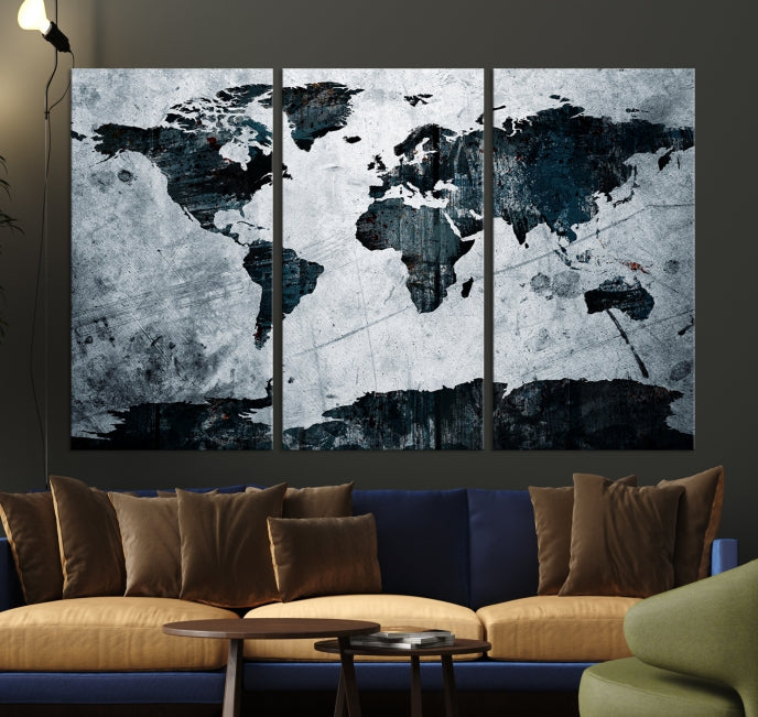 Dark Modern World Map Watercolor Wall Art Canvas Print