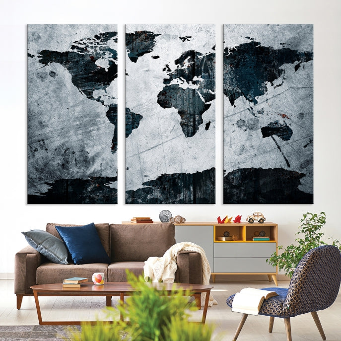 Dark Modern World Map Watercolor Wall Art Canvas Print