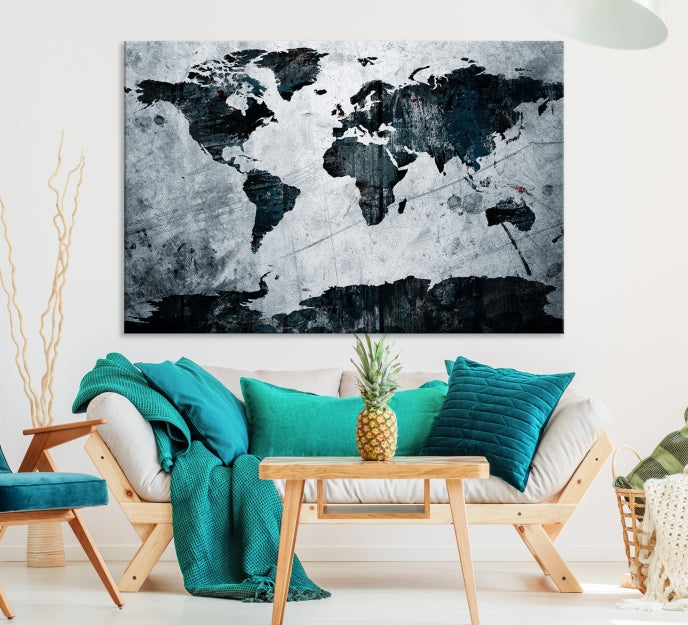 Dark Modern World Map Watercolor Wall Art Canvas Print