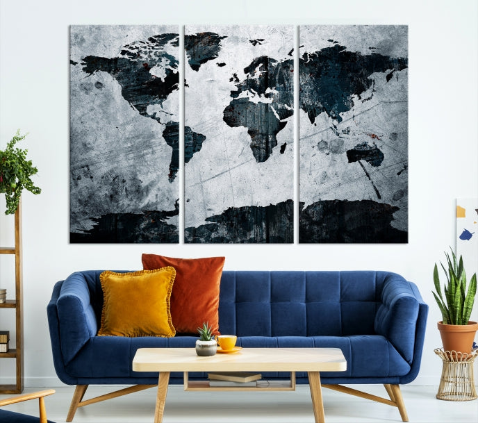 Dark Modern World Map Watercolor Wall Art Canvas Print