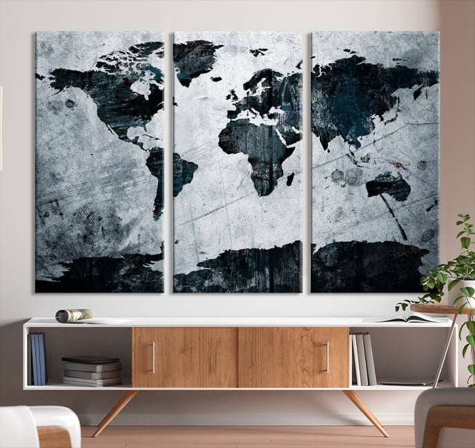 Dark Modern World Map Watercolor Wall Art Canvas Print