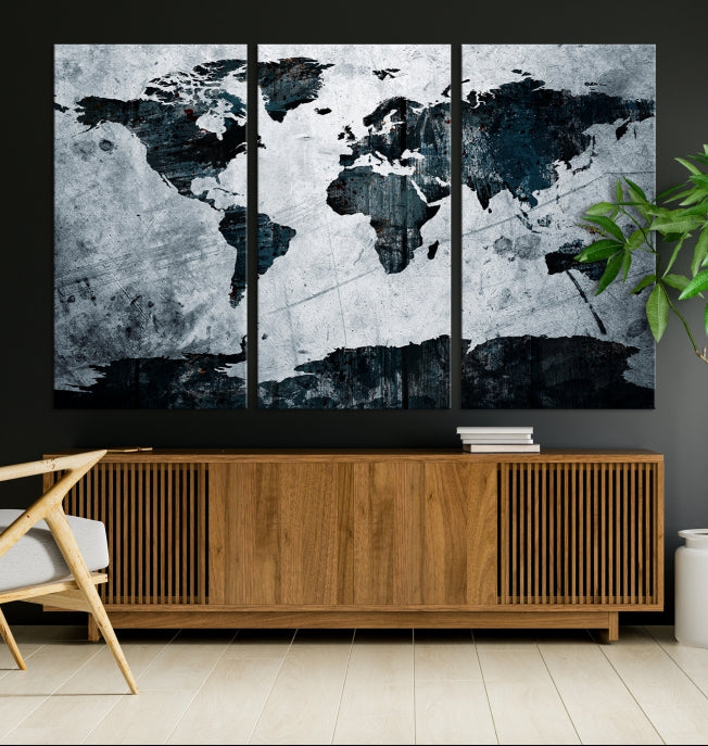 Dark Modern World Map Watercolor Wall Art Canvas Print