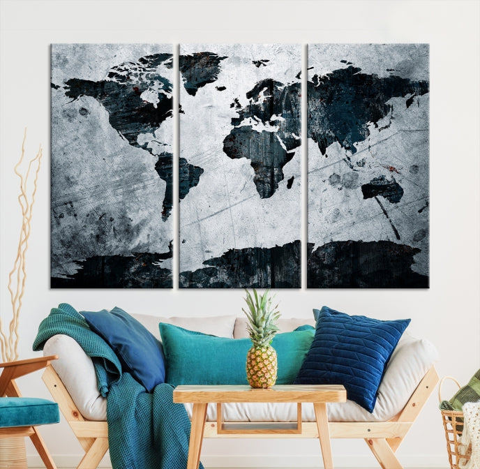 Dark Modern World Map Watercolor Wall Art Canvas Print