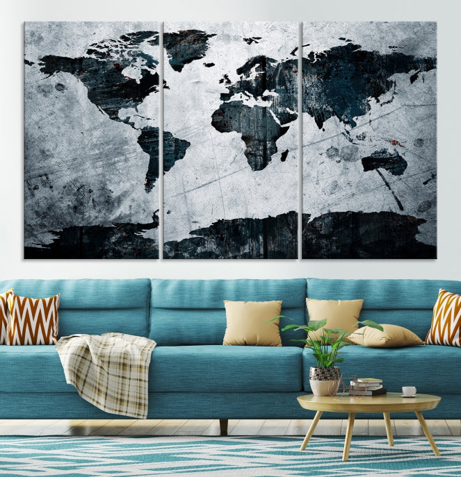 Dark Modern World Map Watercolor Wall Art Canvas Print