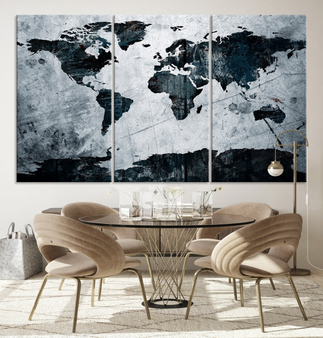 Dark Modern World Map Watercolor Wall Art Canvas Print