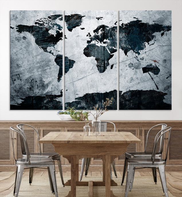 Dark Modern World Map Watercolor Wall Art Canvas Print