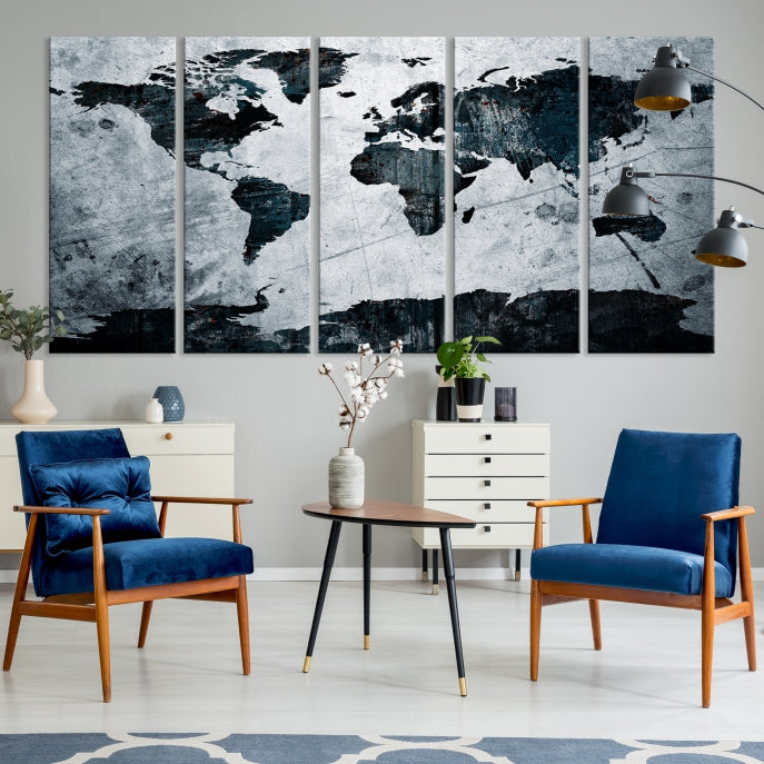 Dark Modern World Map Watercolor Wall Art Canvas Print