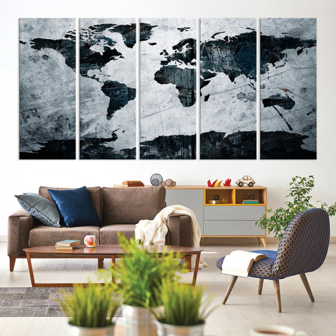 Dark Modern World Map Watercolor Wall Art Canvas Print