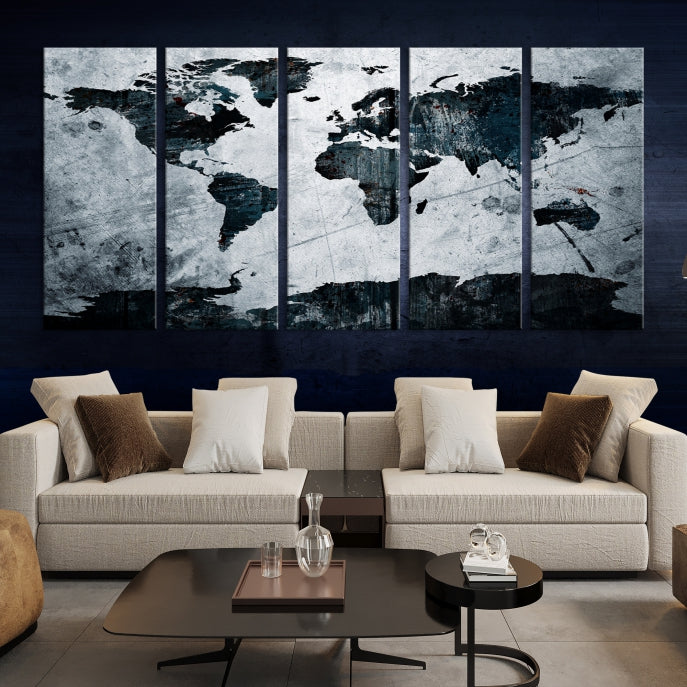 Dark Modern World Map Watercolor Wall Art Canvas Print