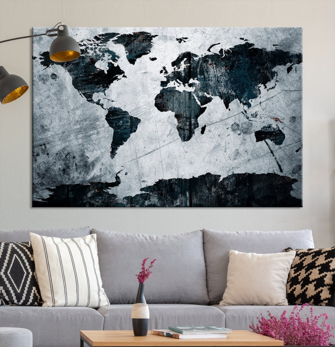 Dark Modern World Map Watercolor Wall Art Canvas Print