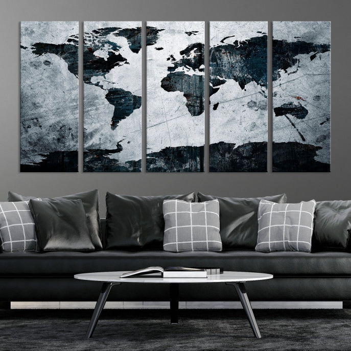 Dark Modern World Map Watercolor Wall Art Canvas Print