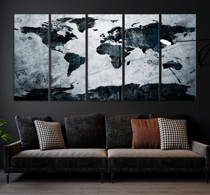 Dark Modern World Map Watercolor Wall Art Canvas Print