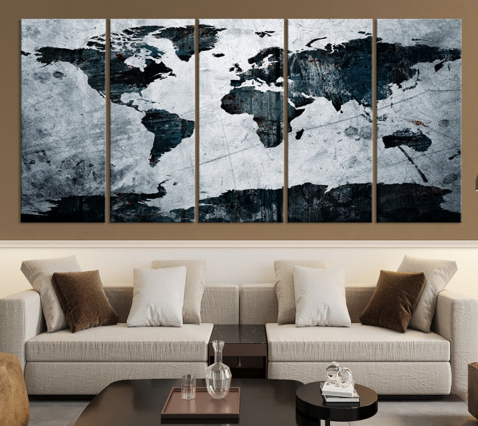 Dark Modern World Map Watercolor Wall Art Canvas Print