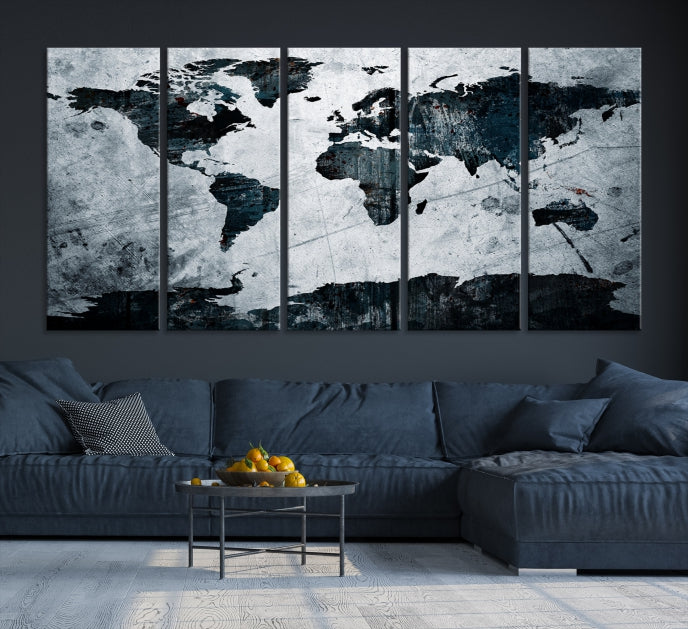 Dark Modern World Map Watercolor Wall Art Canvas Print