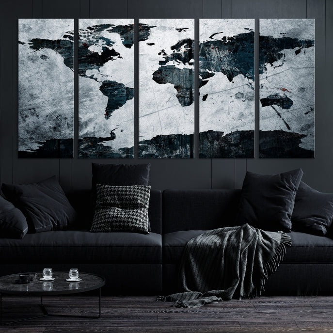 Dark Modern World Map Watercolor Wall Art Canvas Print