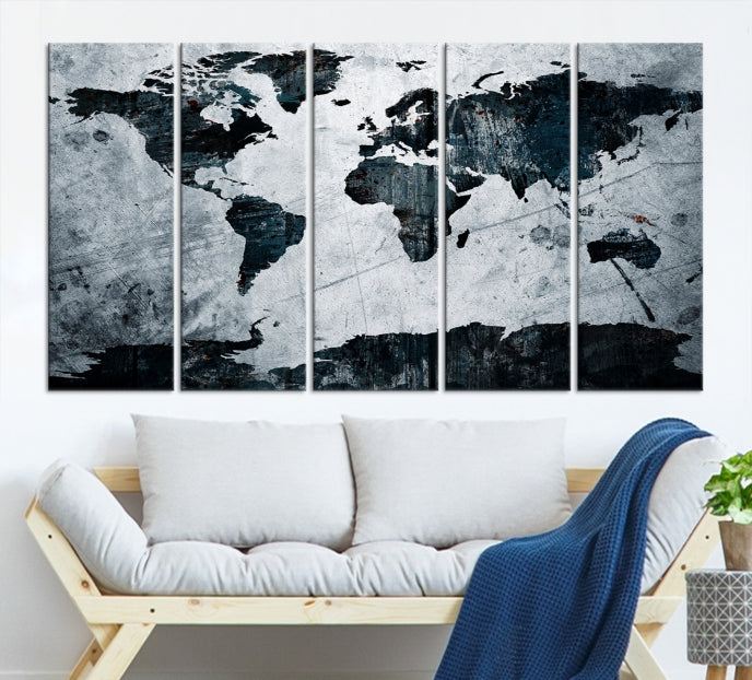 Dark Modern World Map Watercolor Wall Art Canvas Print