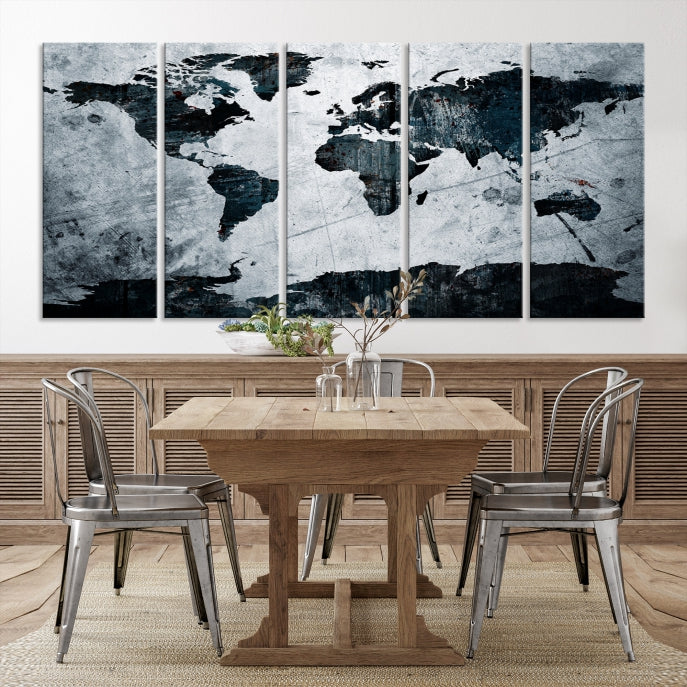 Dark Modern World Map Watercolor Wall Art Canvas Print