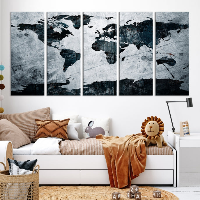 Dark Modern World Map Watercolor Wall Art Canvas Print