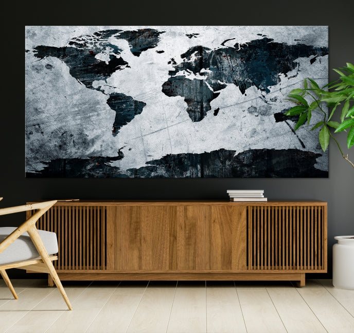 Dark Modern World Map Watercolor Wall Art Canvas Print