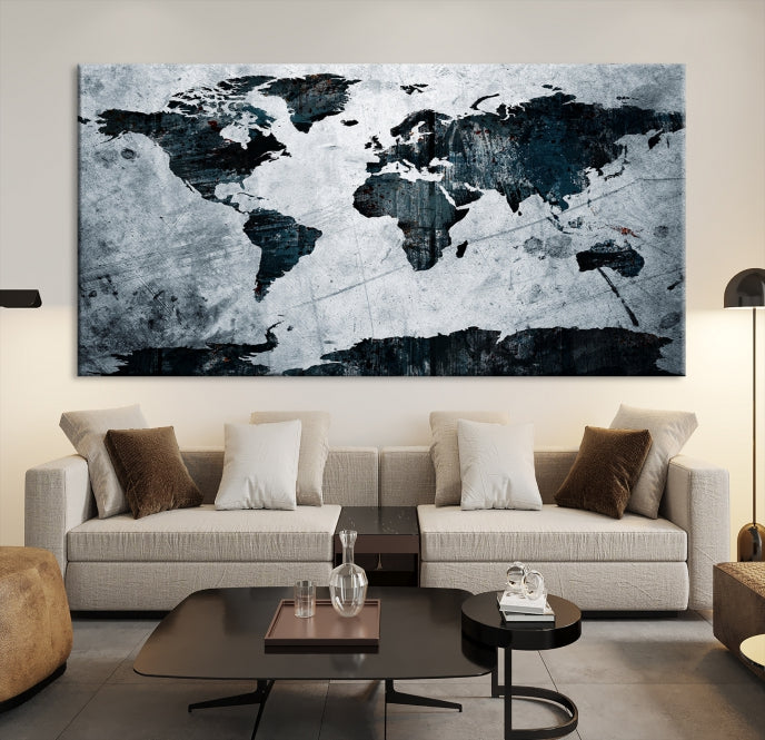 Dark Modern World Map Watercolor Wall Art Canvas Print