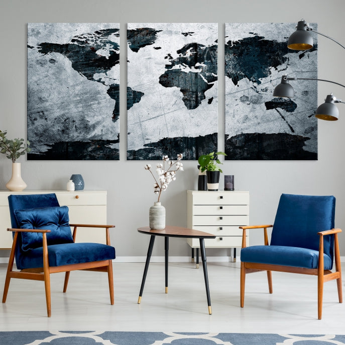 Dark Modern World Map Watercolor Wall Art Canvas Print