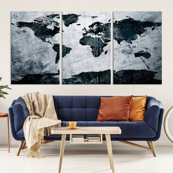 Dark Modern World Map Watercolor Wall Art Canvas Print