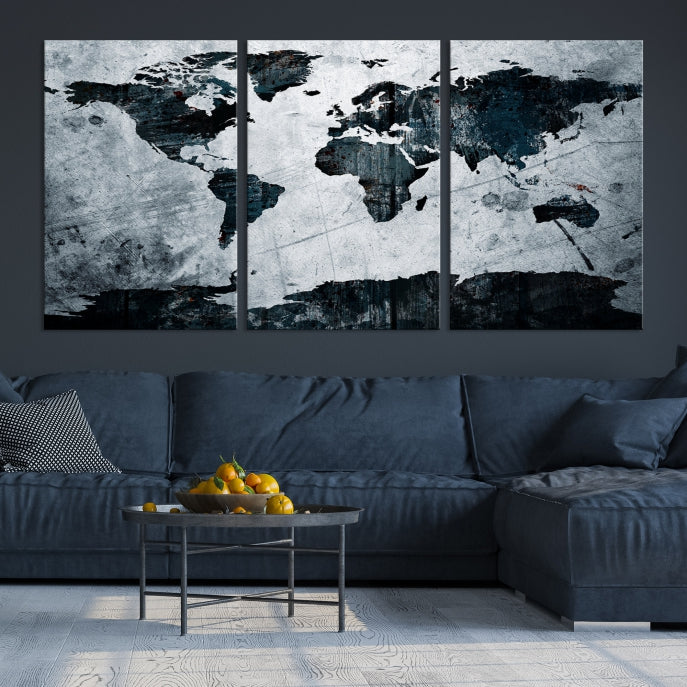 Dark Modern World Map Watercolor Wall Art Canvas Print