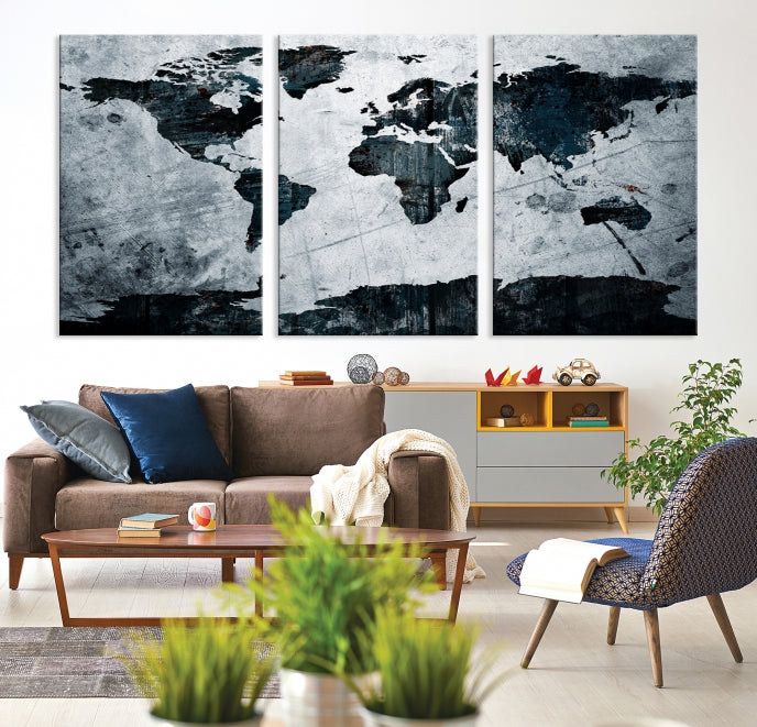 Dark Modern World Map Watercolor Wall Art Canvas Print