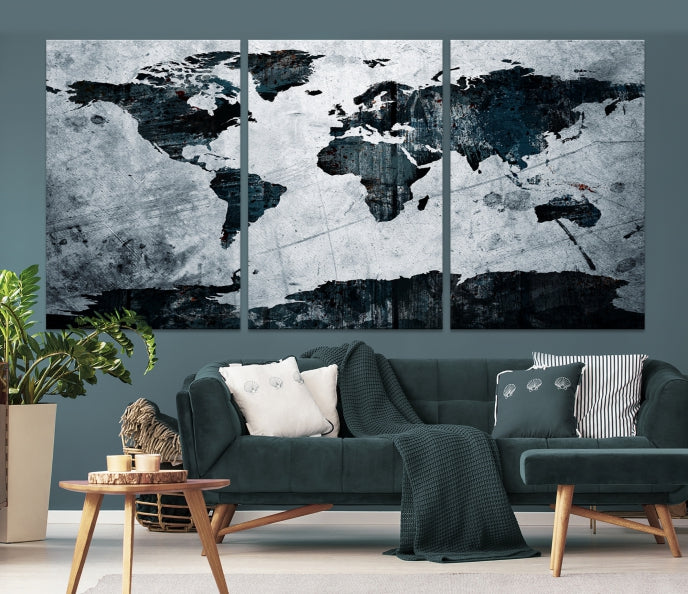 Dark Modern World Map Watercolor Wall Art Canvas Print