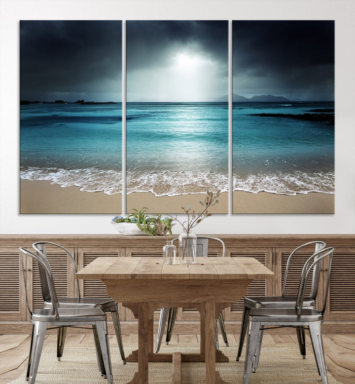 Dark Sky Bright Ocean Beach Large Wall Art Canvas Print