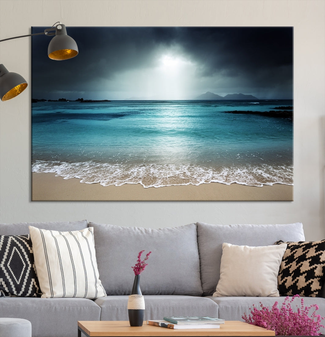 Dark Sky Bright Ocean Beach Large Wall Art Canvas Print