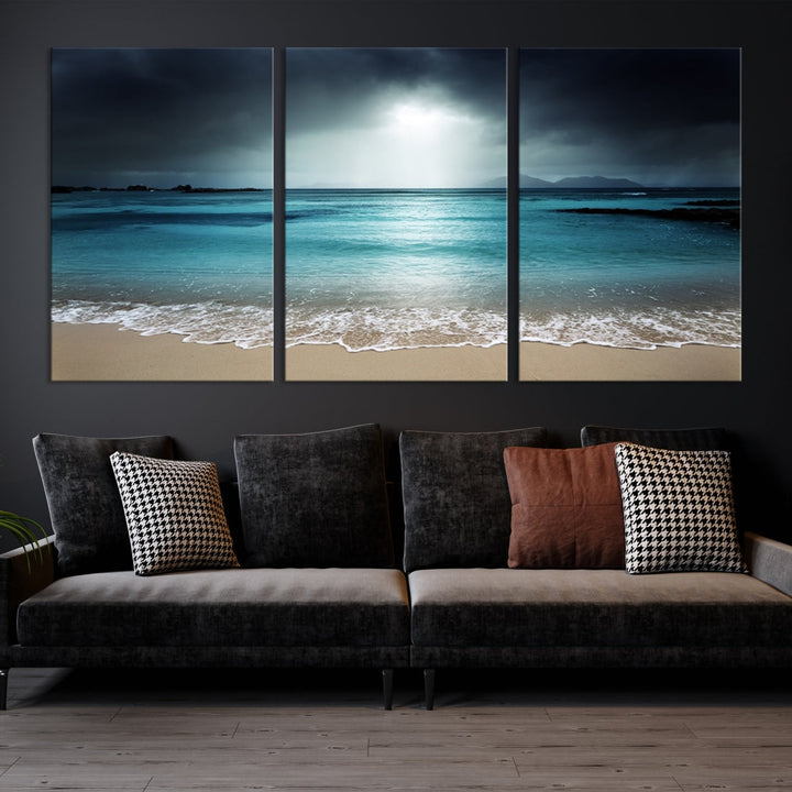 Dark Sky Bright Ocean Beach Large Wall Art Canvas Print