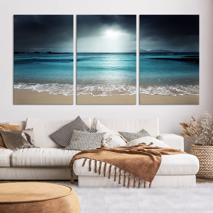 Dark Sky Bright Ocean Beach Large Wall Art Canvas Print