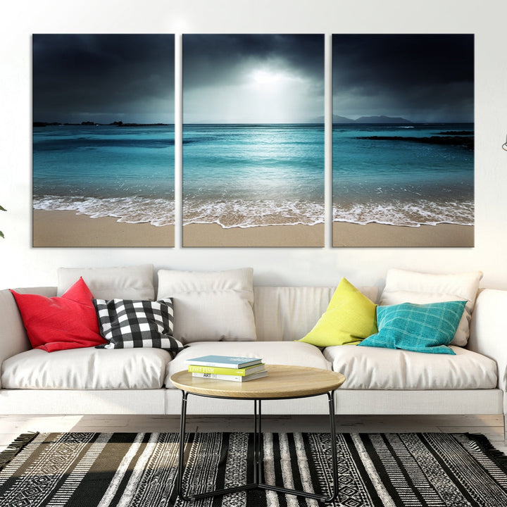 Dark Sky Bright Ocean Beach Large Wall Art Canvas Print