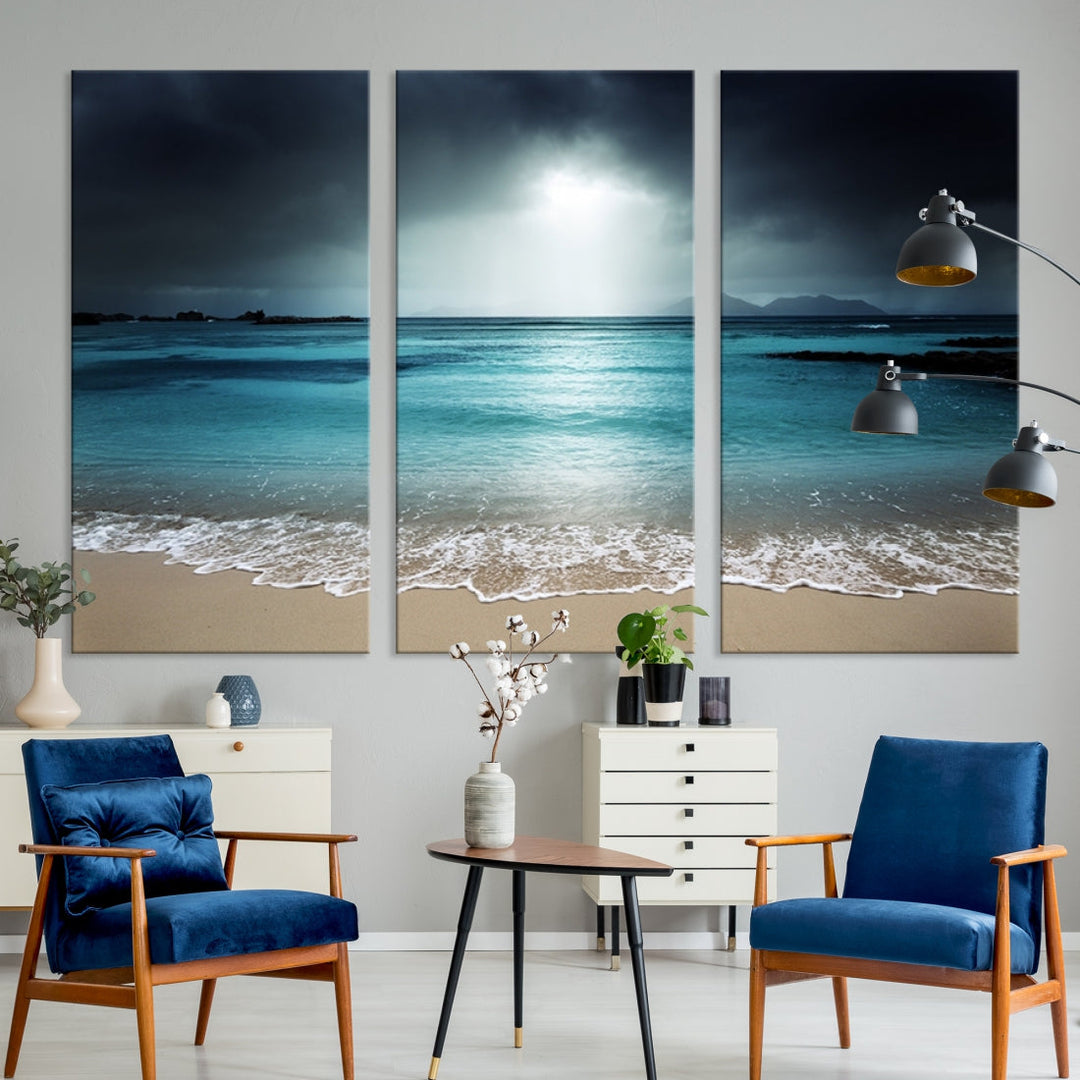 Dark Sky Bright Ocean Beach Large Wall Art Canvas Print