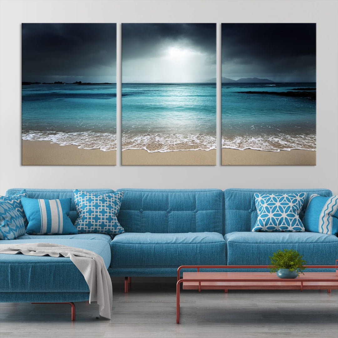 Dark Sky Bright Ocean Beach Large Wall Art Canvas Print