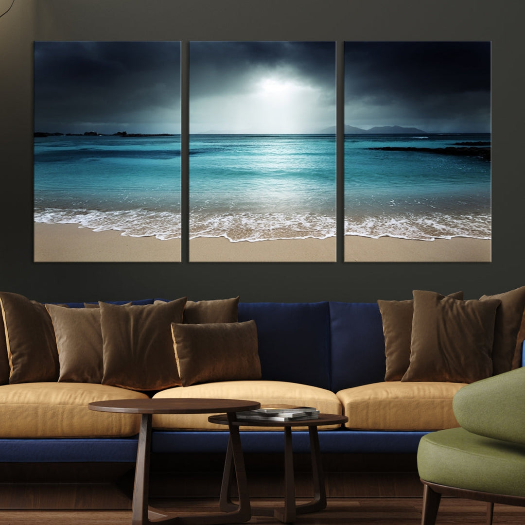 Dark Sky Bright Ocean Beach Large Wall Art Canvas Print