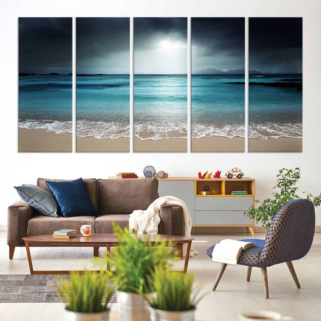 Dark Sky Bright Ocean Beach Large Wall Art Canvas Print