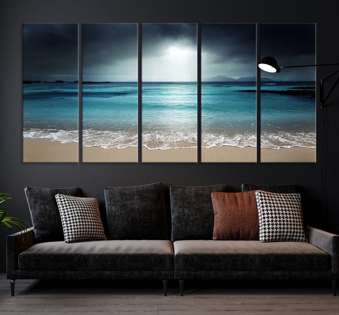 Dark Sky Bright Ocean Beach Large Wall Art Canvas Print