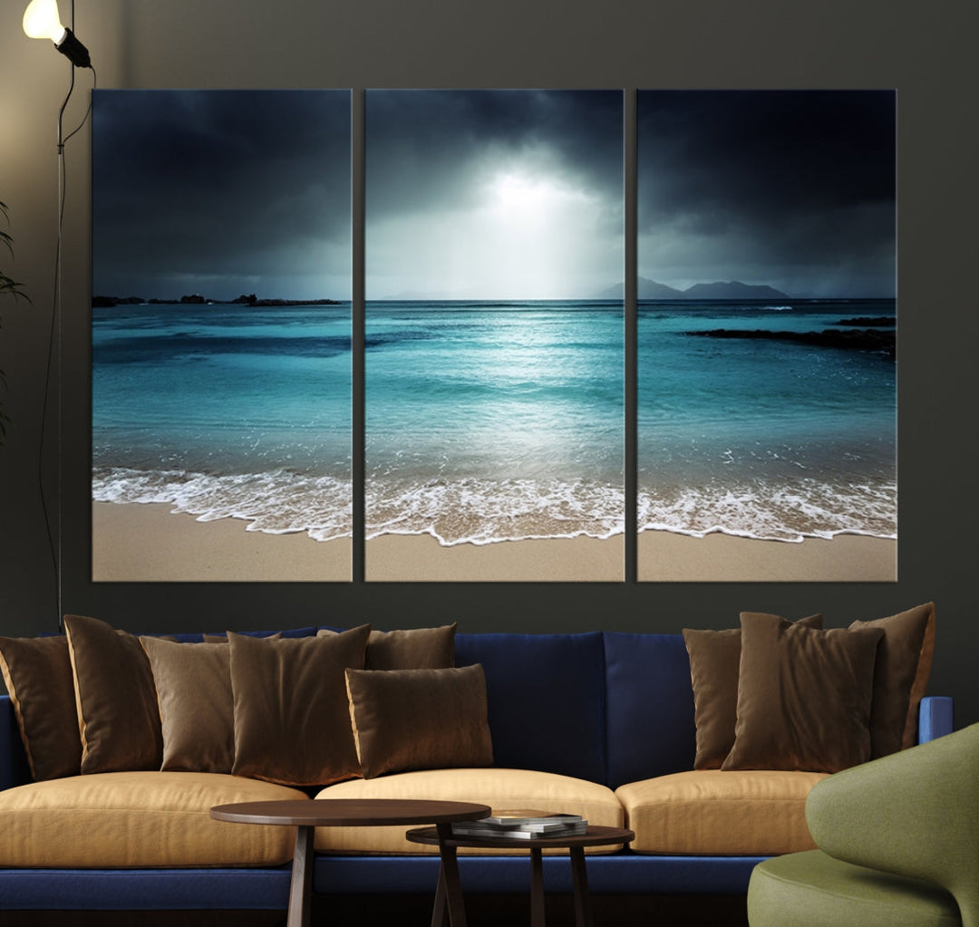 Dark Sky Bright Ocean Beach Large Wall Art Canvas Print