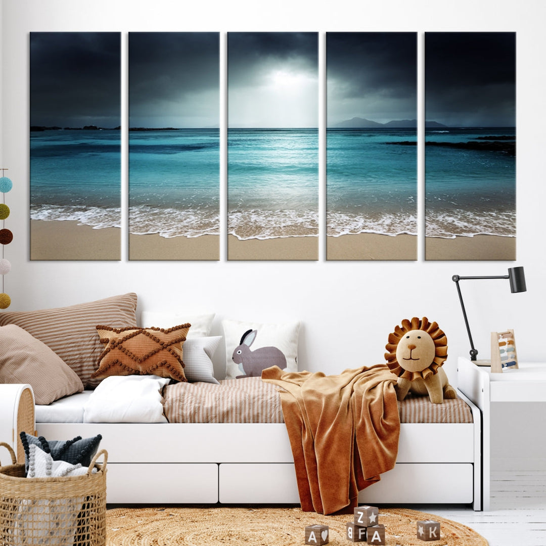 Dark Sky Bright Ocean Beach Large Wall Art Canvas Print