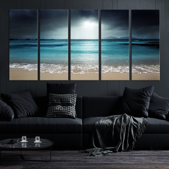 Dark Sky Bright Ocean Beach Large Wall Art Canvas Print