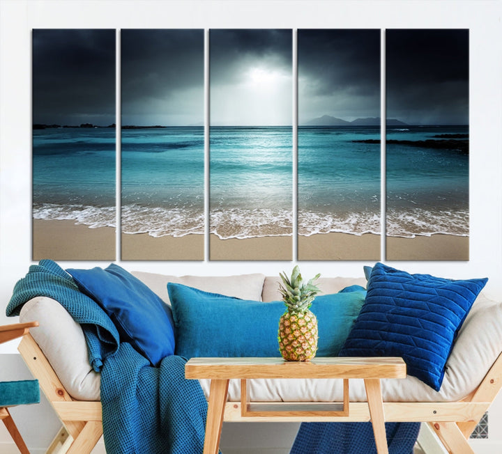 Dark Sky Bright Ocean Beach Large Wall Art Canvas Print