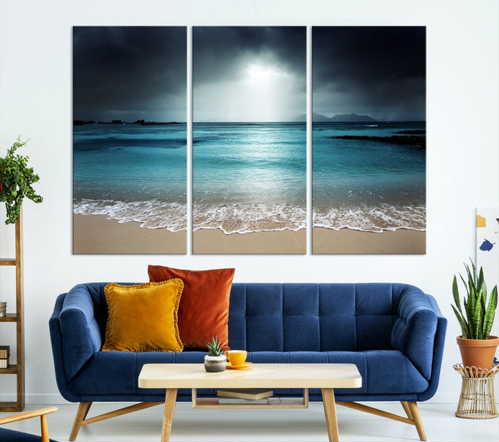 Dark Sky Bright Ocean Beach Large Wall Art Canvas Print