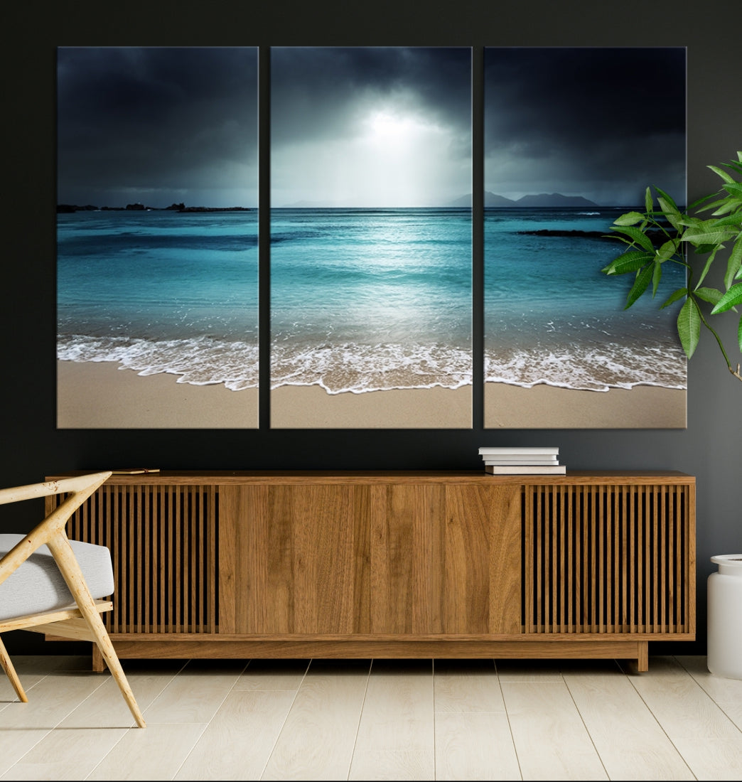 Dark Sky Bright Ocean Beach Large Wall Art Canvas Print