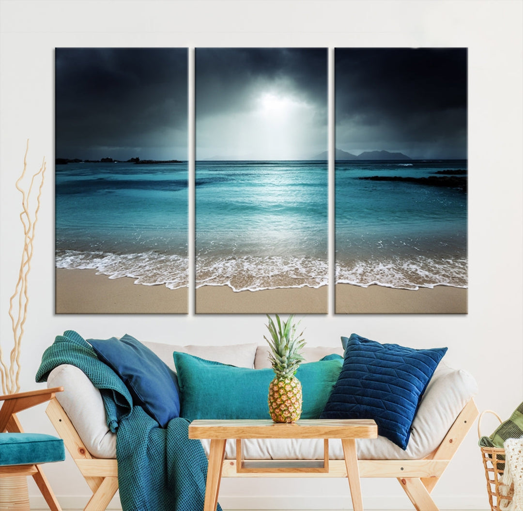 Dark Sky Bright Ocean Beach Large Wall Art Canvas Print