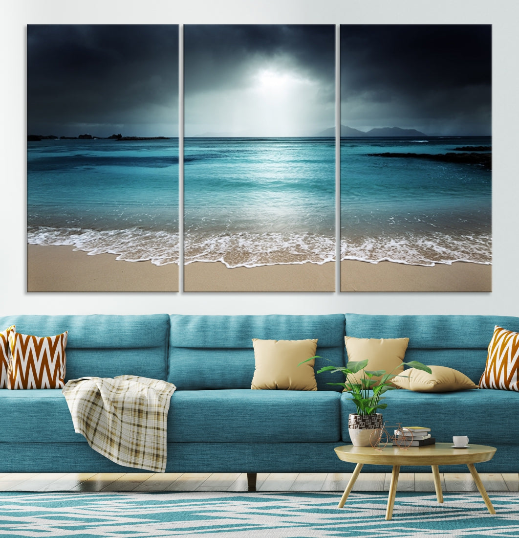 Dark Sky Bright Ocean Beach Large Wall Art Canvas Print